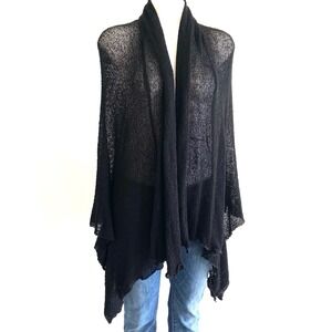 Van Klee Women Black Sheer Open Knit Draped Asymmetrical Handkerchief Cardigan